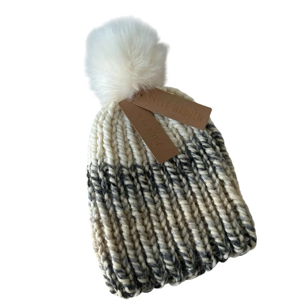 Steve Madden Cream and Gray Chunky Knit Beanie with Faux Fur Pom Pom